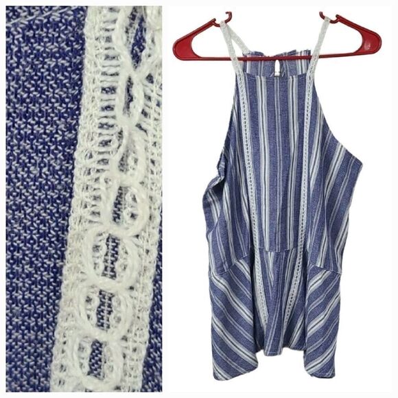 Hollister Juniors Small Soft Blue Stripe Sleeveless Crochet Top Ruffle Racerback - Picture 1 of 10